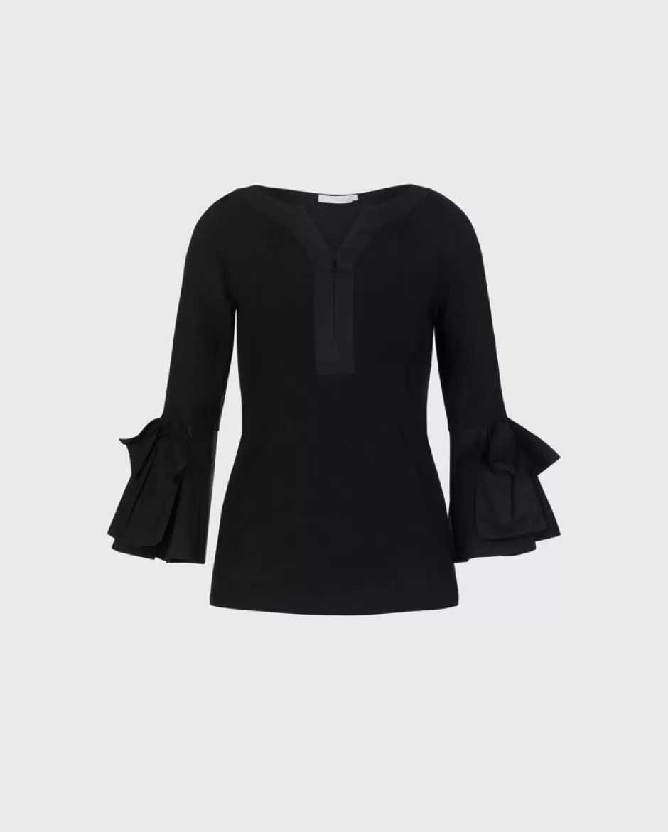 Anne Fontaine Tops*3/4 Sleeve Fitted Pima Top With Poplin Details Black