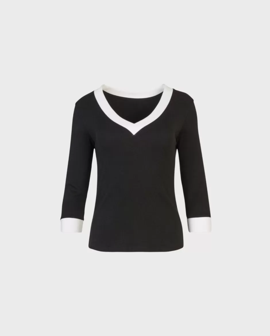 Anne Fontaine Tops*3/4 Sleeve Ribbed Top With White Contrast Trims Black