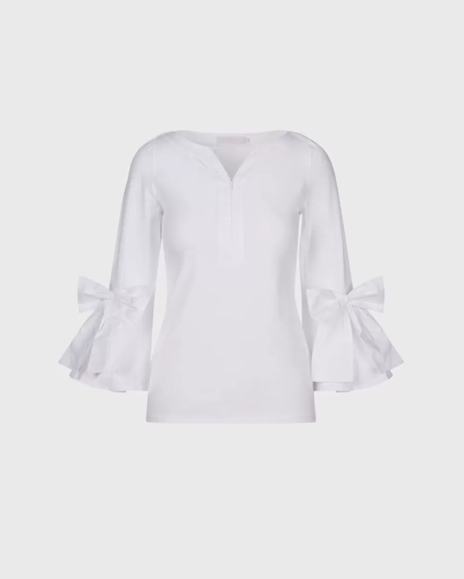 Anne Fontaine Tops*3/4 Sleeves Fitted Pima Top With Placed Bows White