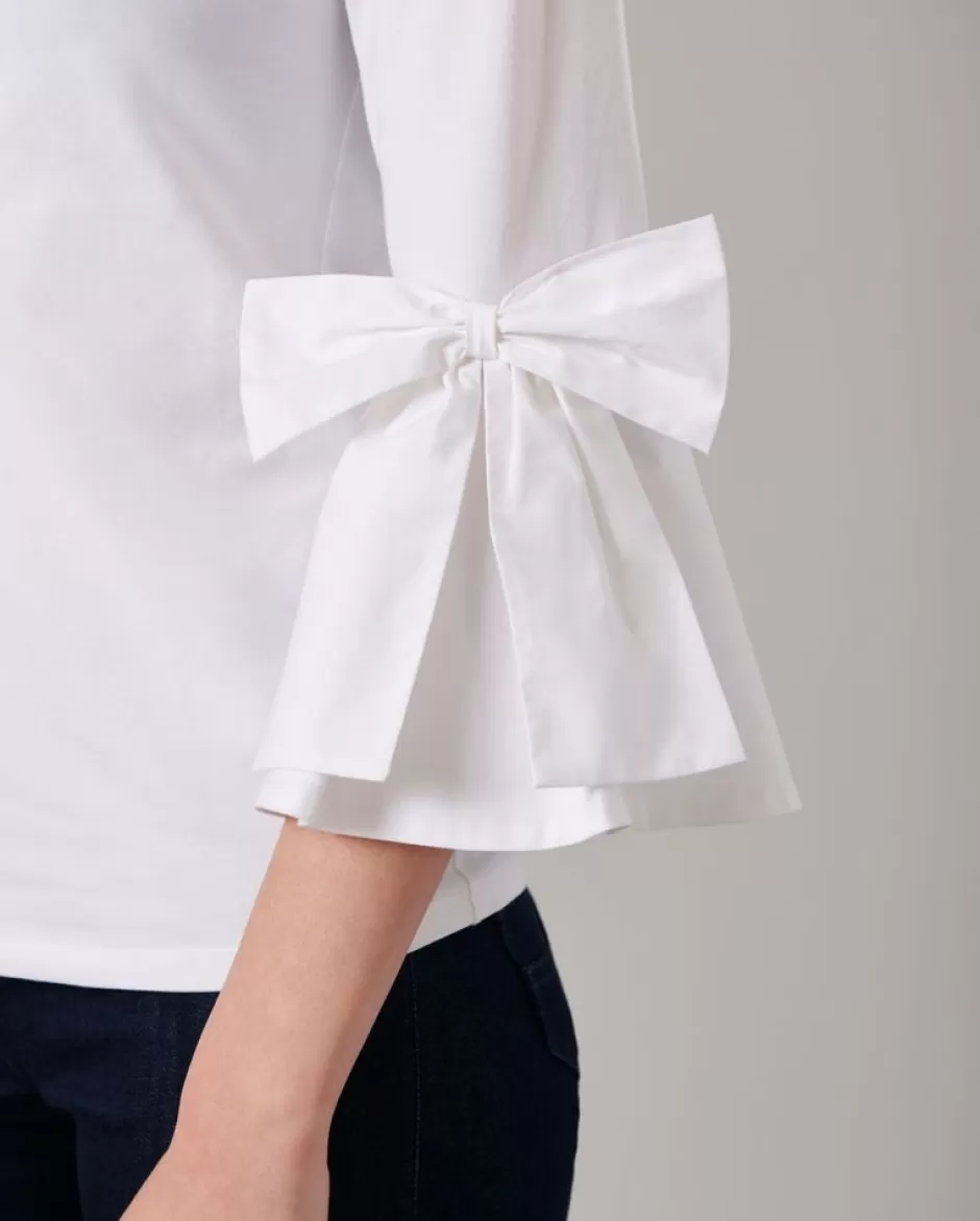 Anne Fontaine Tops*3/4 Sleeves Fitted Pima Top With Placed Bows White