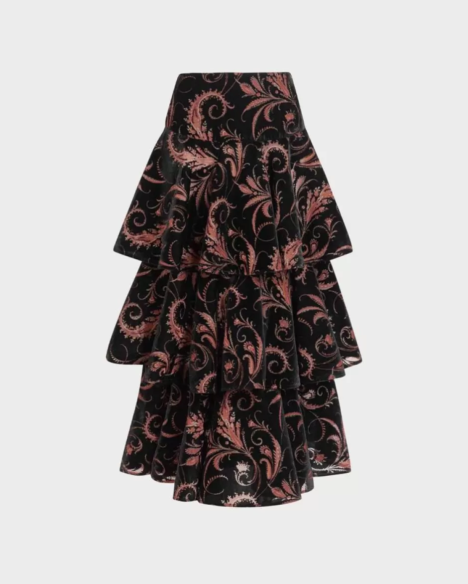 Anne Fontaine Bottoms*And Gold Burnout Velvet Pattern Skirt With Three Ruffled Tiers Black