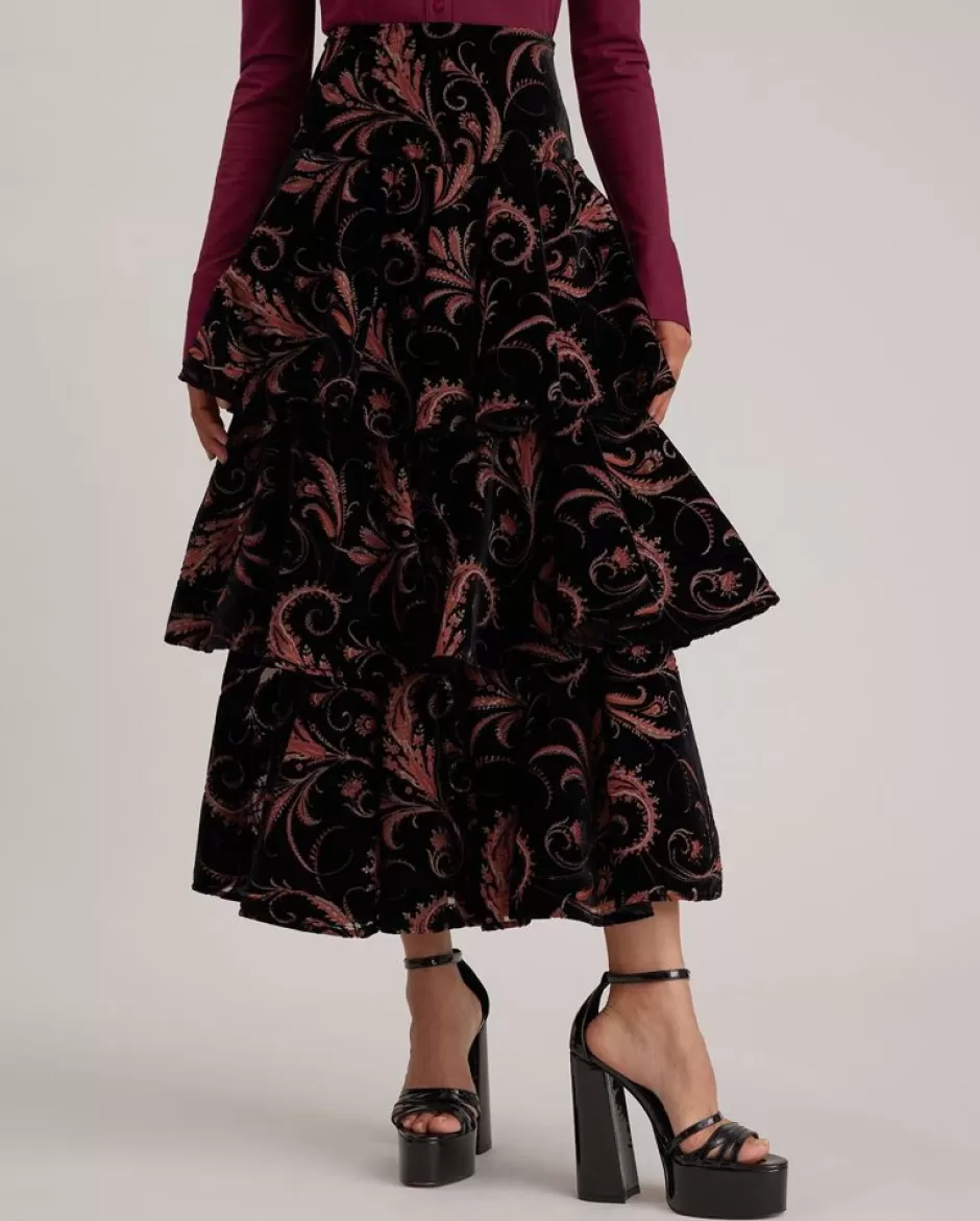 Anne Fontaine Bottoms*And Gold Burnout Velvet Pattern Skirt With Three Ruffled Tiers Black