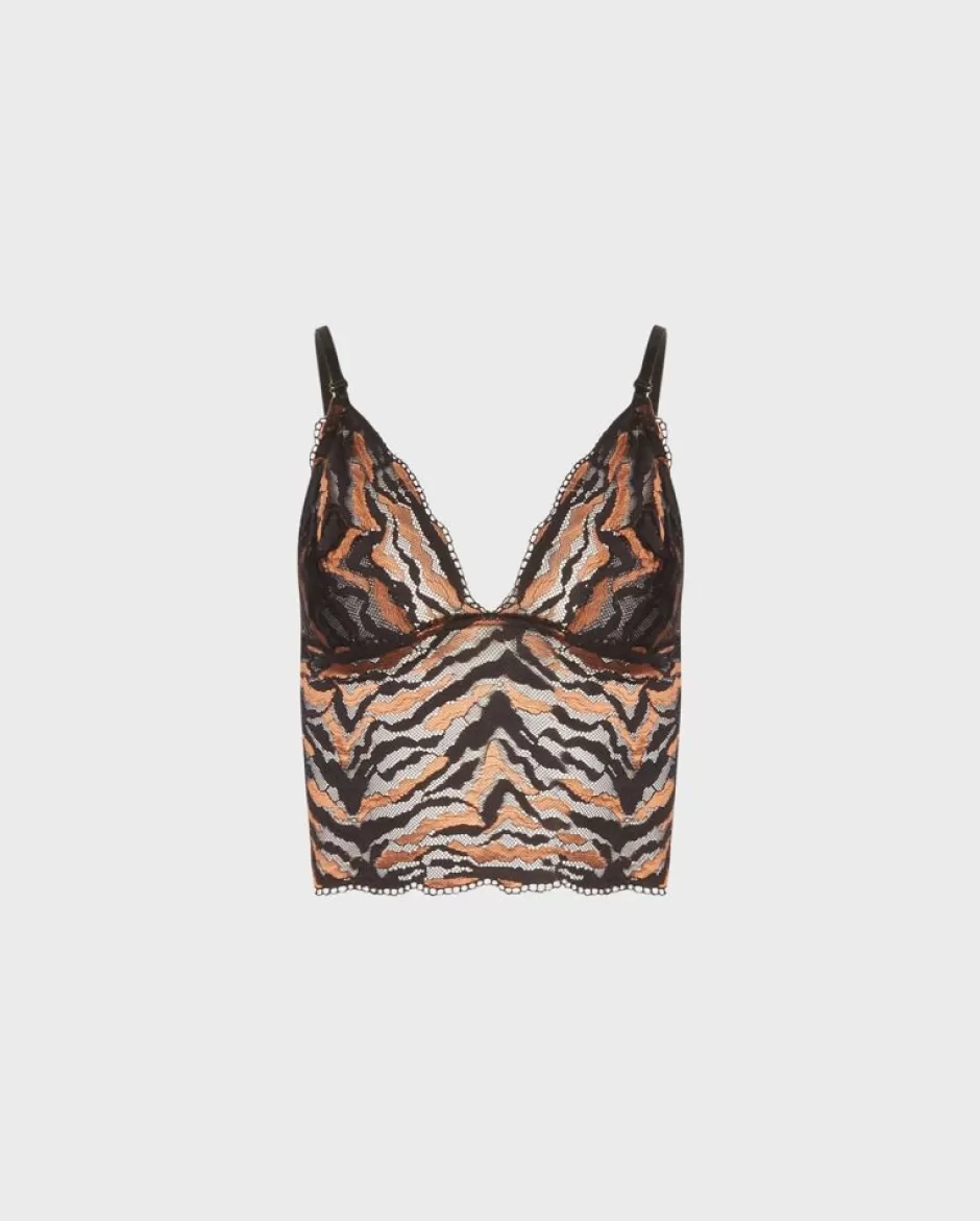 Anne Fontaine Tops*And Gold Tiger Print Longline Lace Bralette With Adjustable Straps Black