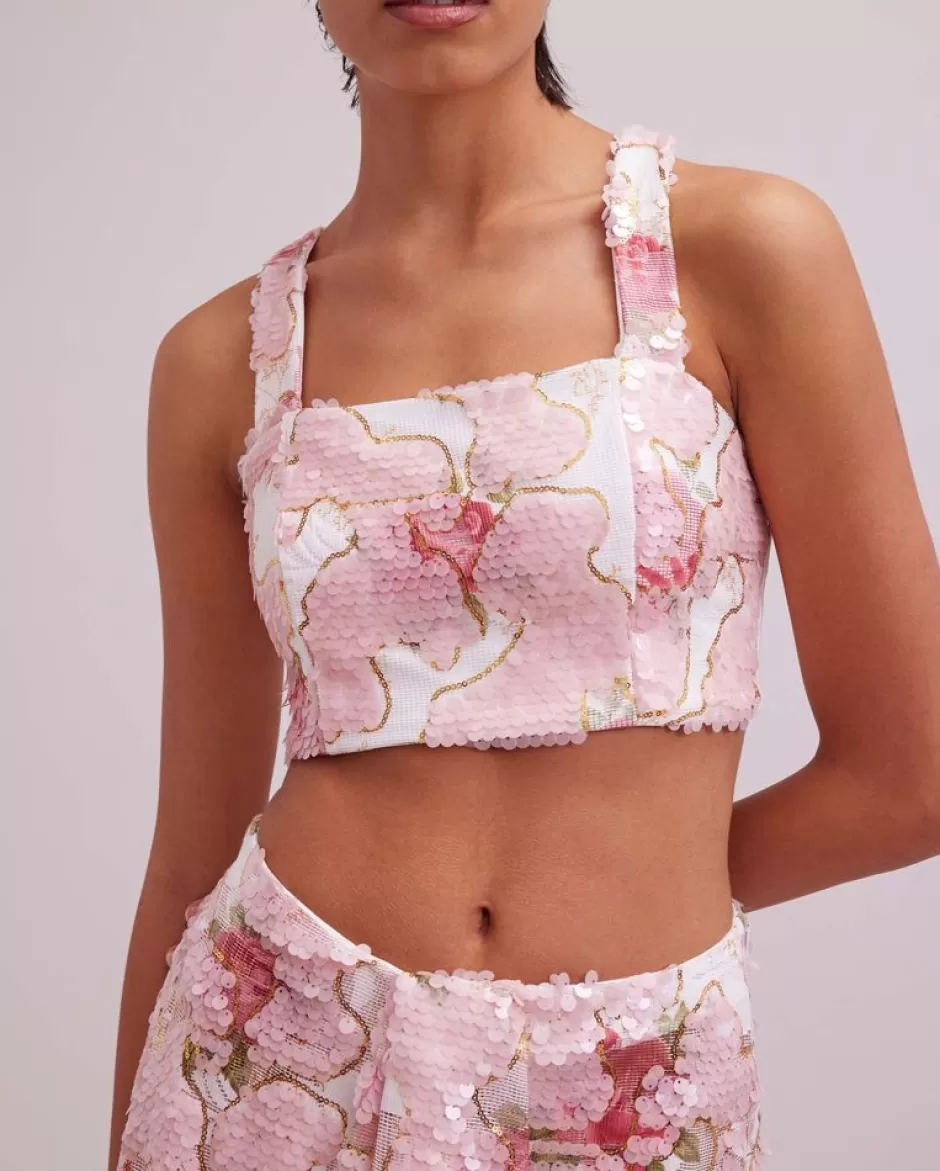 Anne Fontaine Tops*And White Embroidered Sequin Rose Pattern Crop Top Pink