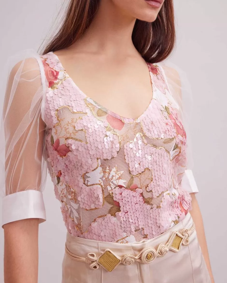 Anne Fontaine Tops*And White Rose Sequin Top With Short Mesh Puff Sleeves Pink