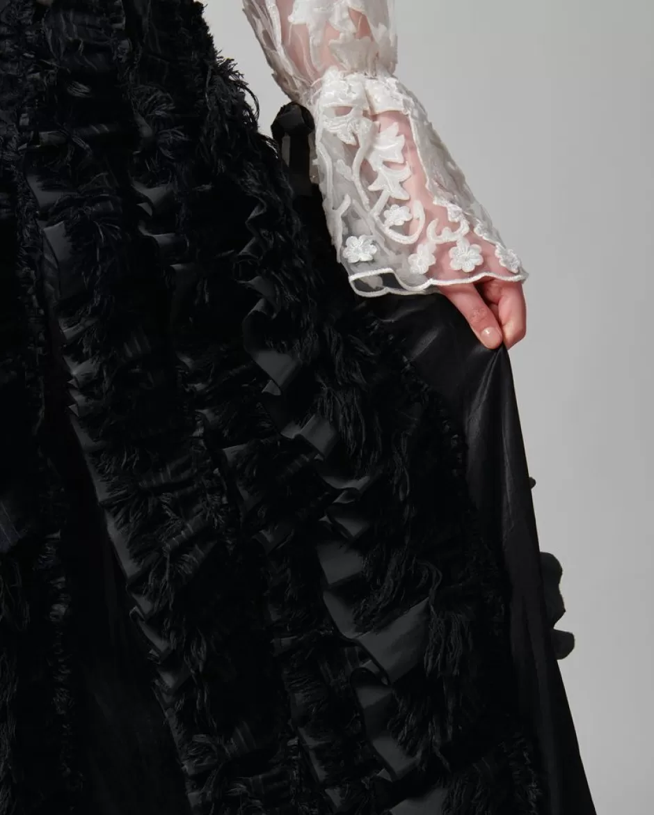 Anne Fontaine Bottoms*Artisan Crafted Satin Skirt With Vertical Flowing Ruffles Black