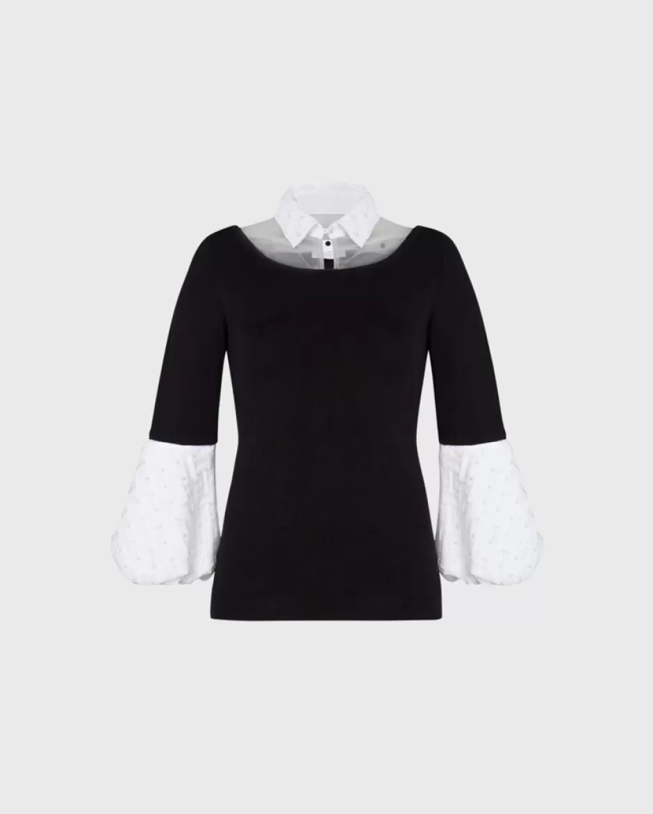 Anne Fontaine Knitwear*Black And White Detachable Collared Top With Woven Pleats And Beads Black/White