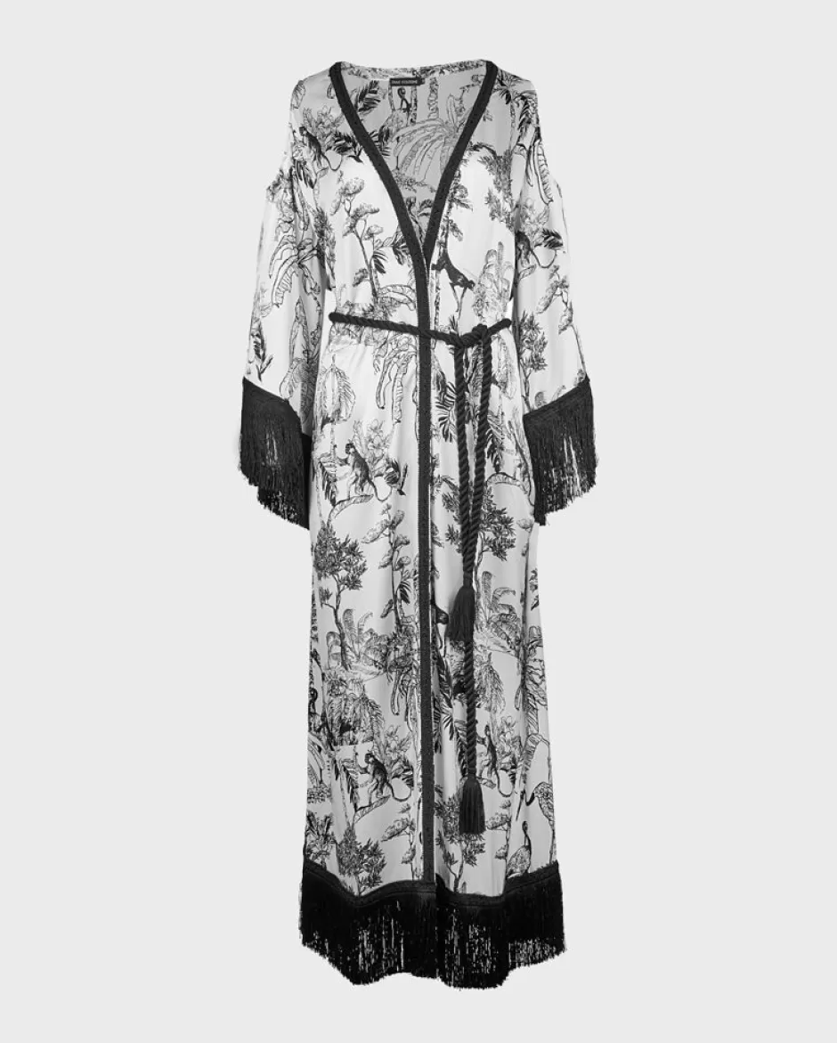 Anne Fontaine Jackets & Coats*Black And White Jungle Printed Kimono Robe With Fringe Trims Black/White