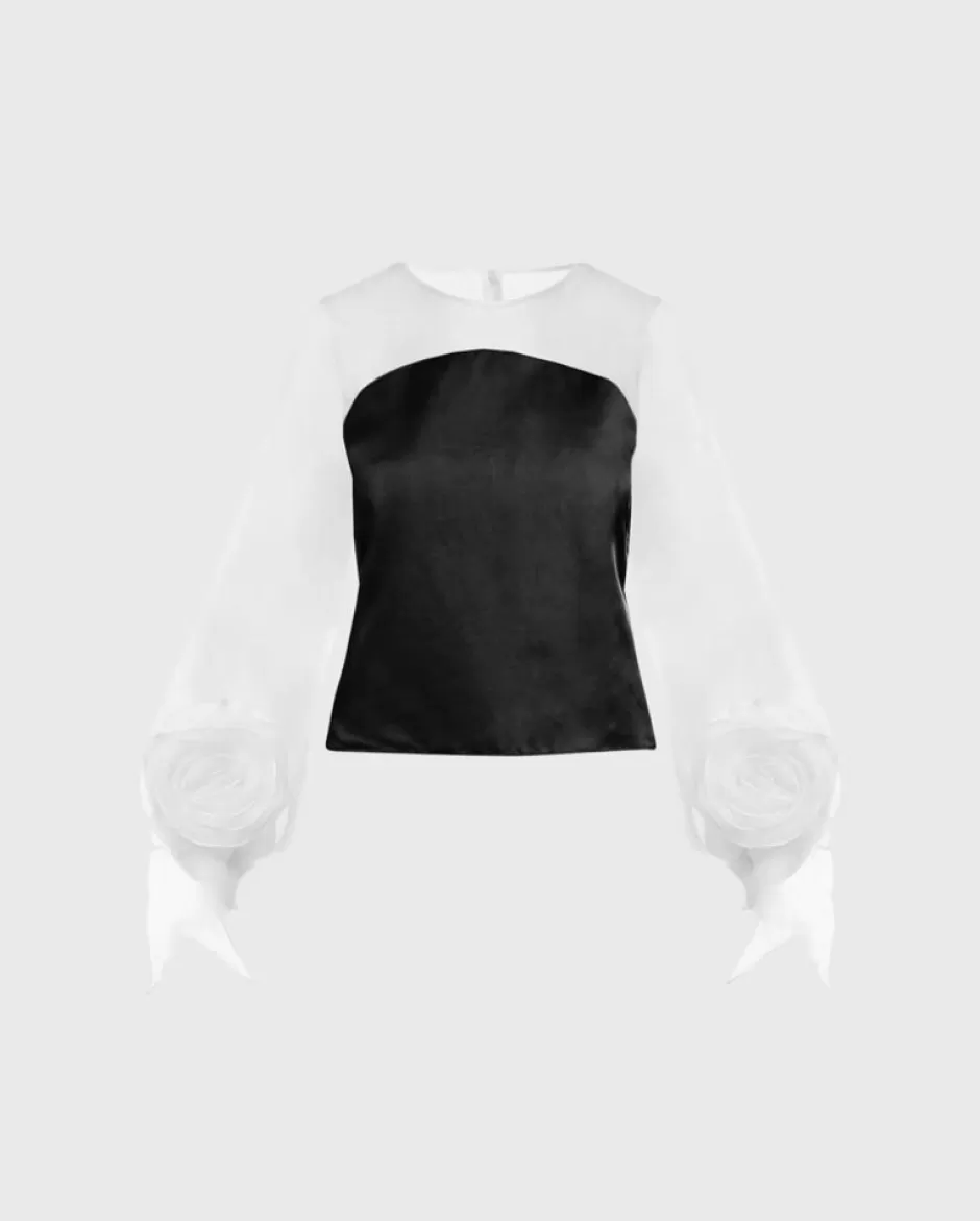 Anne Fontaine Shirts & Blouses*Black And White Silk Blouse Enhanced With Rosettes At The Bottom Of The Puffed Sleeves Black/White