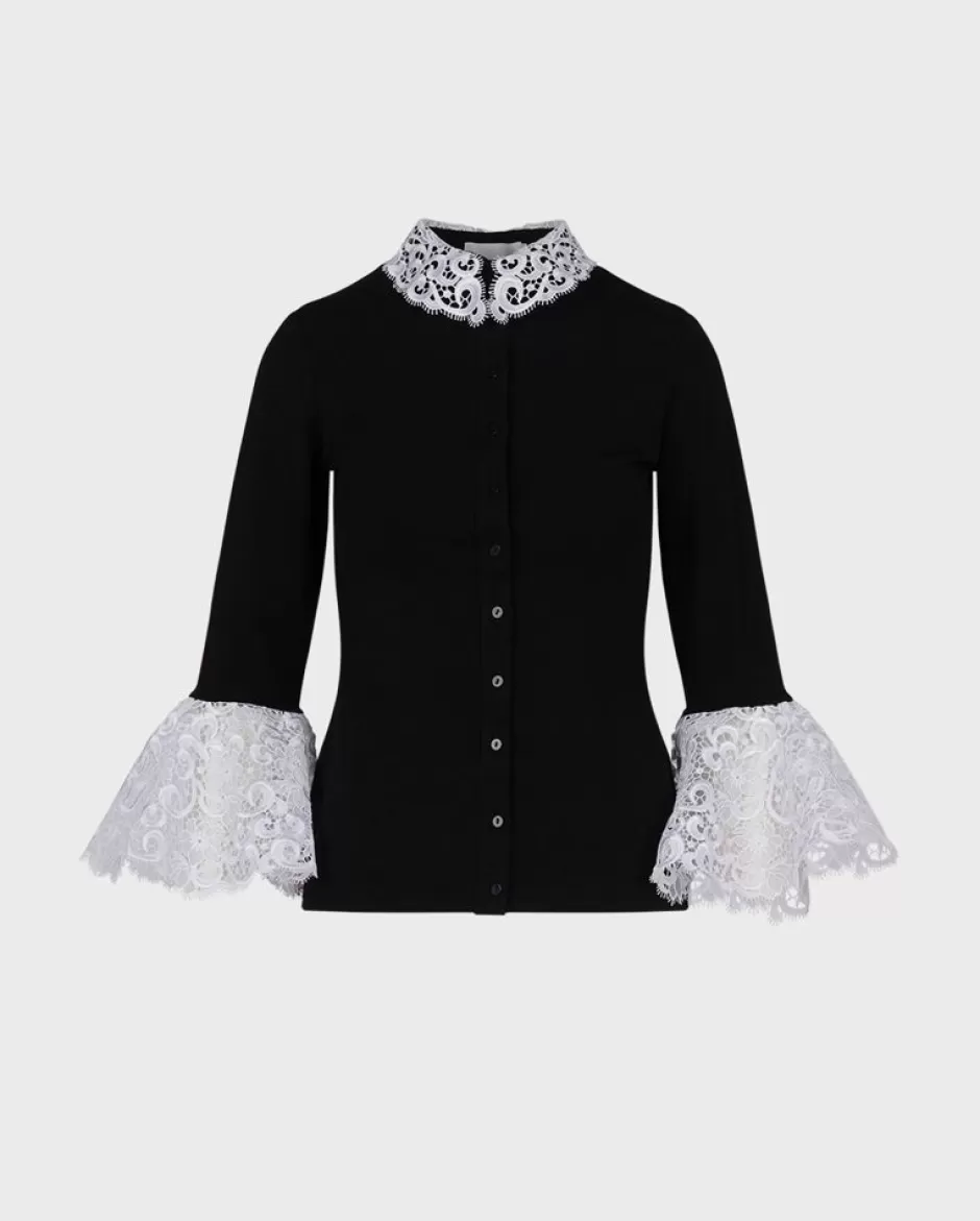 Anne Fontaine Shirts & Blouses*Black Cotton Shirt With White Embroidered Lace Details Black/White