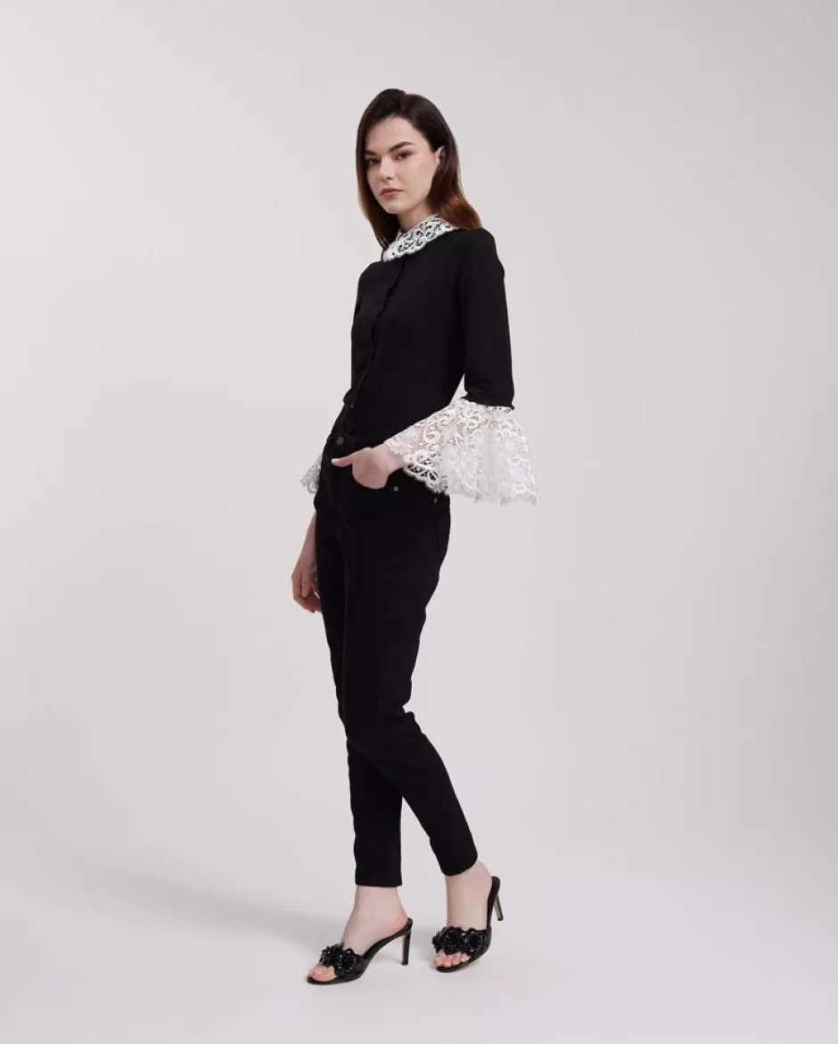 Anne Fontaine Shirts & Blouses*Black Cotton Shirt With White Embroidered Lace Details Black/White