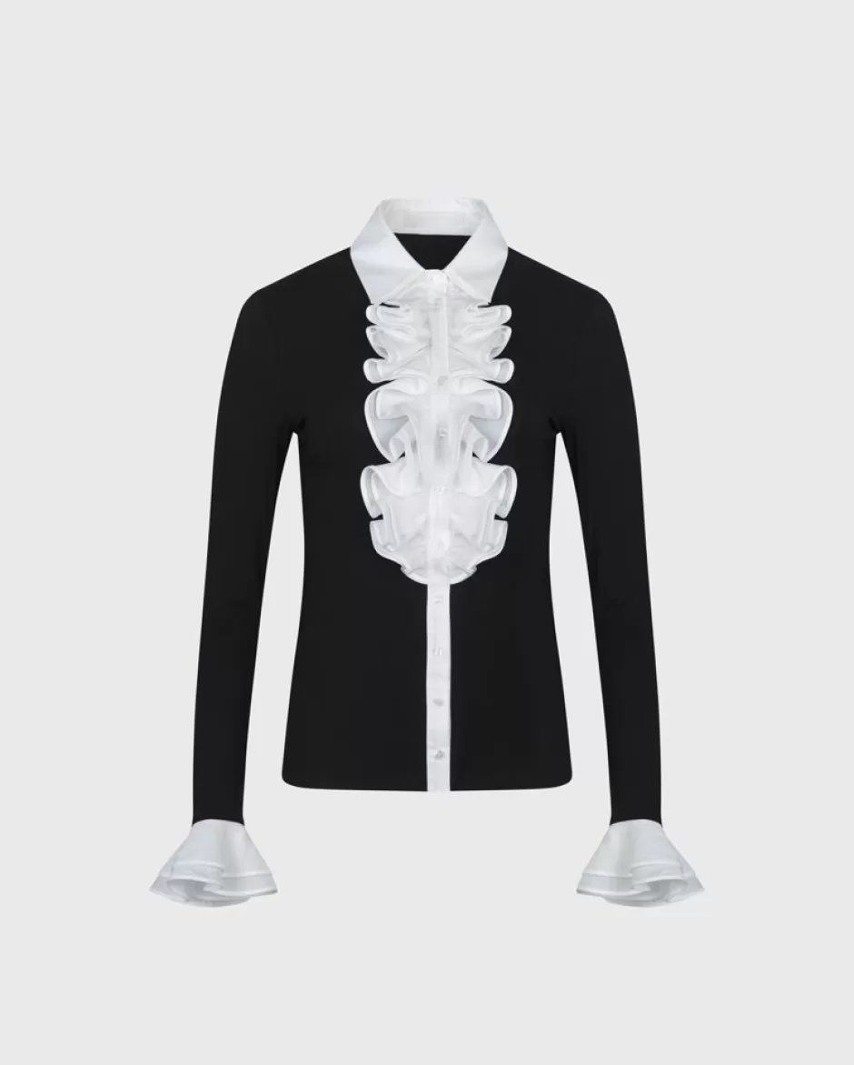 Anne Fontaine Shirts & Blouses*Black Jersey Shirt With White Ruffle Details Black/White