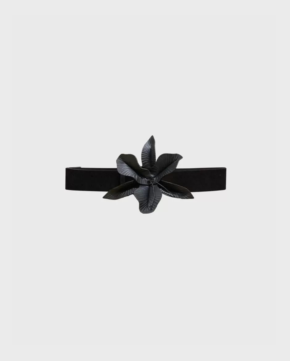 Anne Fontaine Belts*Black Leather Belt With Leather Flower