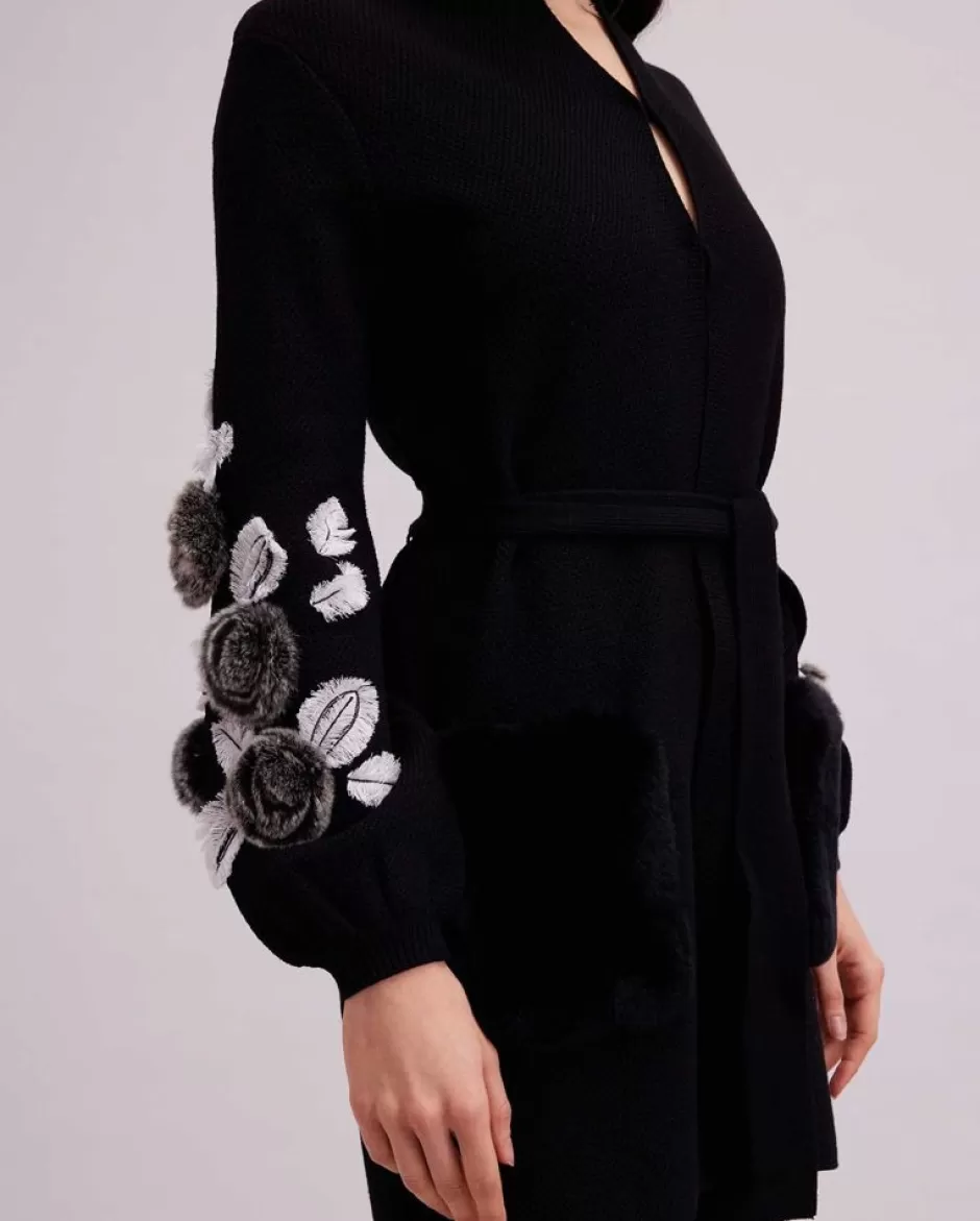 Anne Fontaine Knitwear*Black Long Knitted Cardigan With Black & White Flower Applique Black/White