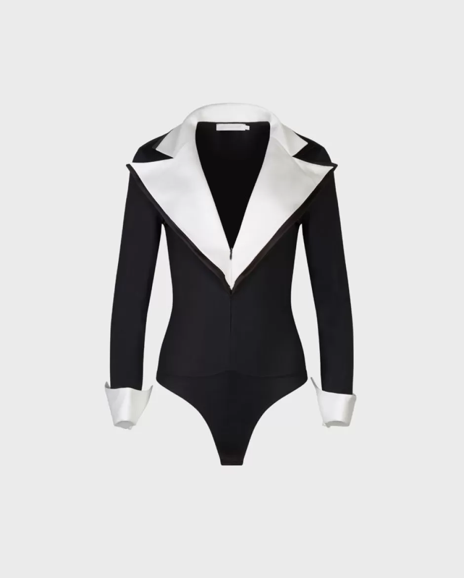 Anne Fontaine Tops*Black Long Sleeve Bodysuit With Contrasting White Oversized Collar Black/White