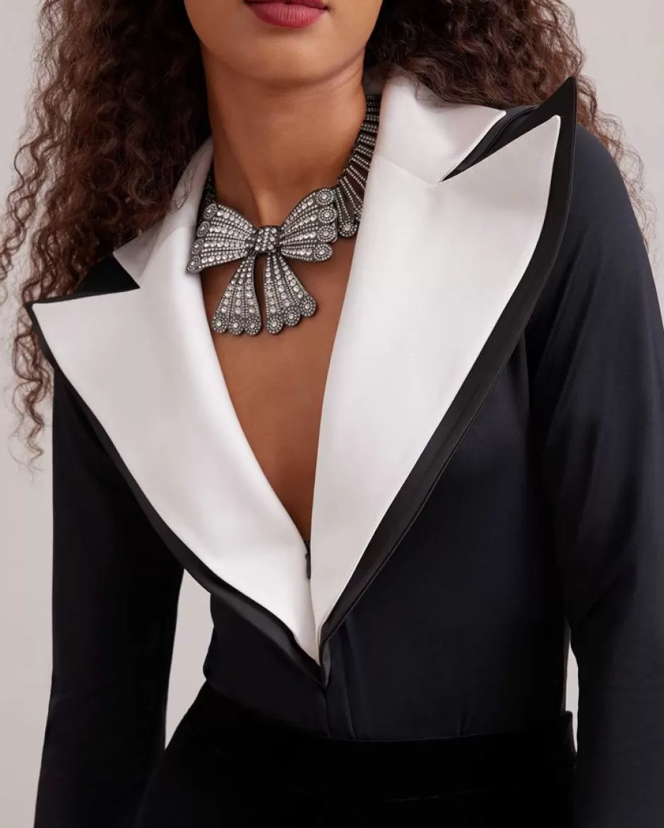 Anne Fontaine Tops*Black Long Sleeve Bodysuit With Contrasting White Oversized Collar Black/White