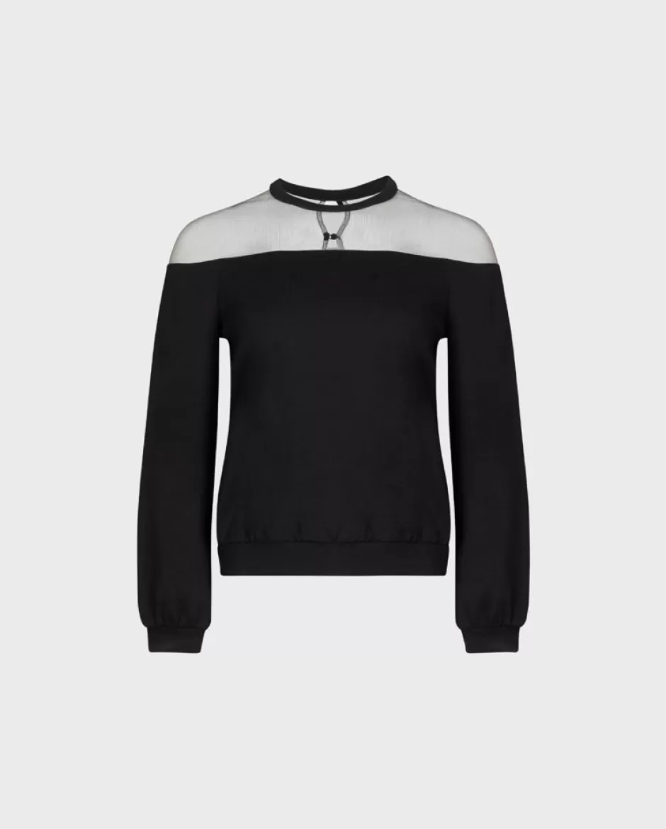 Anne Fontaine Knitwear*Black Long Sleeve Sheer Tulle Sweatshirt