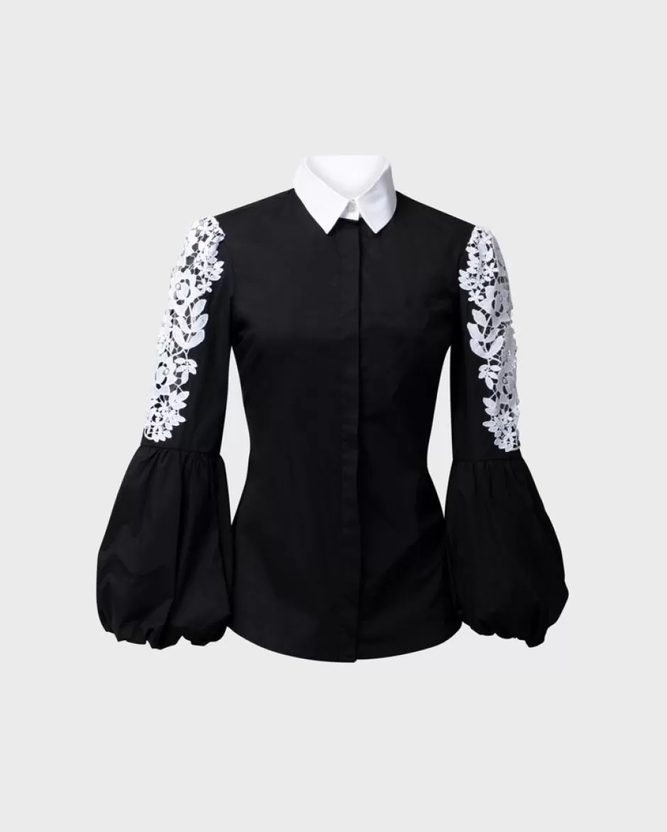 Anne Fontaine Shirts & Blouses*Black Poplin Shirt With Floral Embroidery Detailing On Balloon Sleeves Black/White