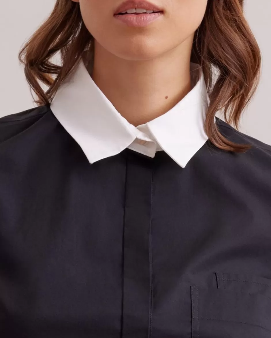 Anne Fontaine Shirts & Blouses*Black Poplin Shirt With Floral Embroidery Detailing On Balloon Sleeves Black/White