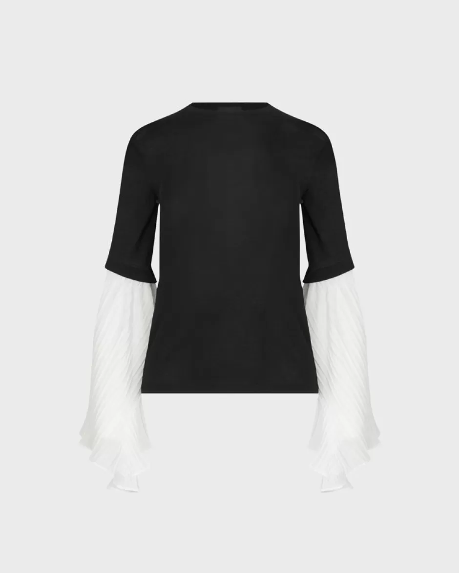 Anne Fontaine Knitwear*Black Semi-Sheer Top With Pleated White Voluminous Bell Sleeves Black/White