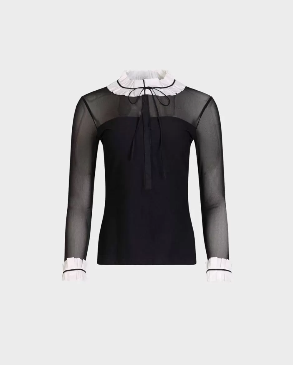 Anne Fontaine Shirts & Blouses*Black Sheer Blouse With White Ruffle Collar & Cuffs Black/White