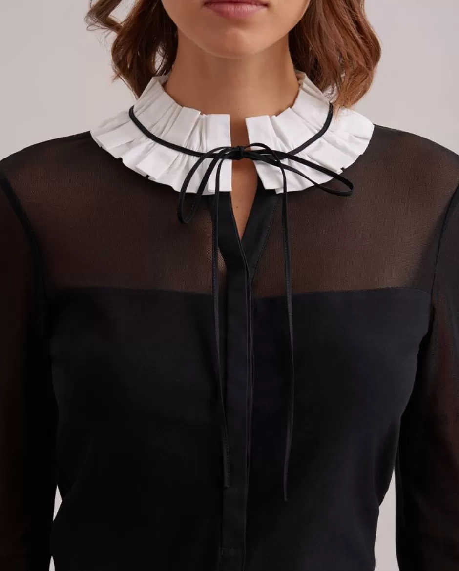 Anne Fontaine Shirts & Blouses*Black Sheer Blouse With White Ruffle Collar & Cuffs Black/White