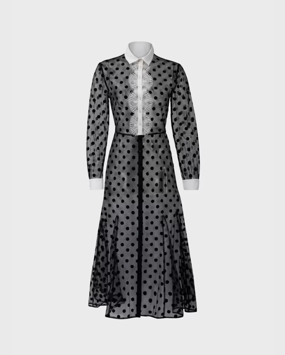 Anne Fontaine Dresses*Black Sheer Polka Dot Dress With Long Sleeves Black/White