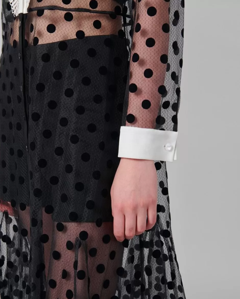 Anne Fontaine Dresses*Black Sheer Polka Dot Dress With Long Sleeves Black/White