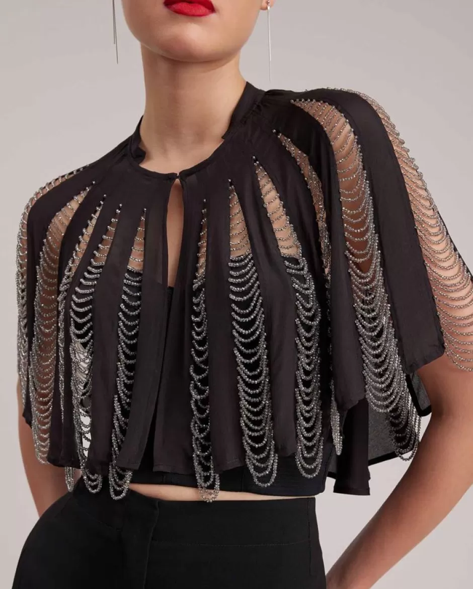 Anne Fontaine Collars*Black Silk Cape With Silver Beading