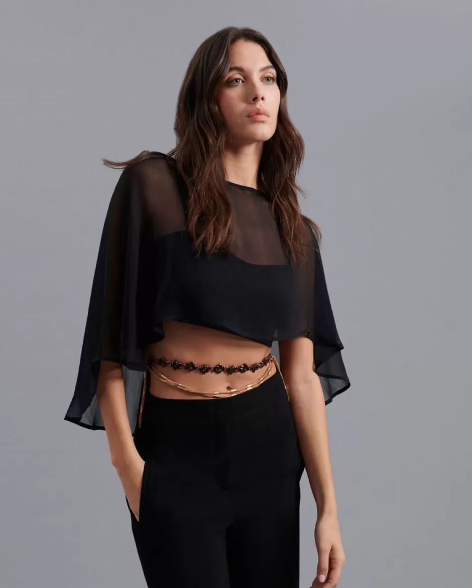 Anne Fontaine Shirts & Blouses*Black Silk Chiffon High-Low Cape