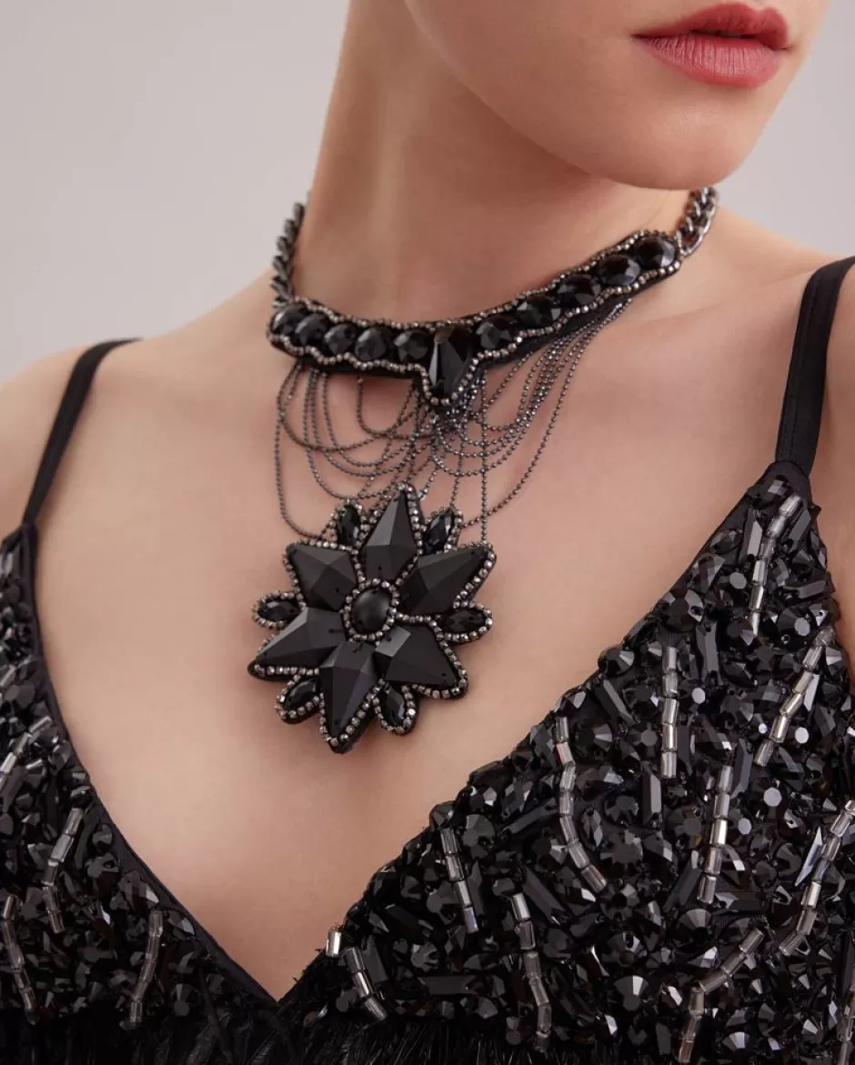 Anne Fontaine Jewelry*Black Stone And Floral Collar Necklace