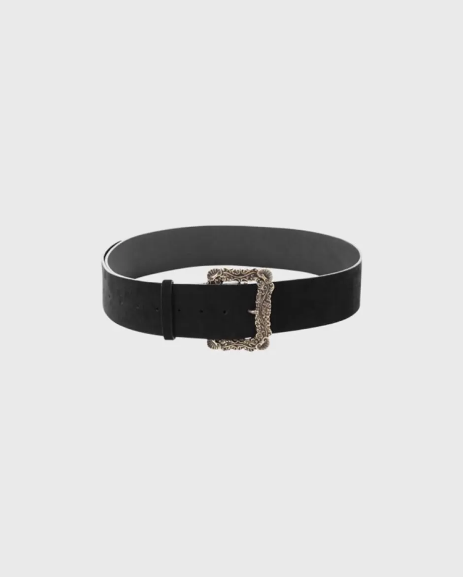 Anne Fontaine Belts*Black Suede Leather Belt With Antique Gold Finish