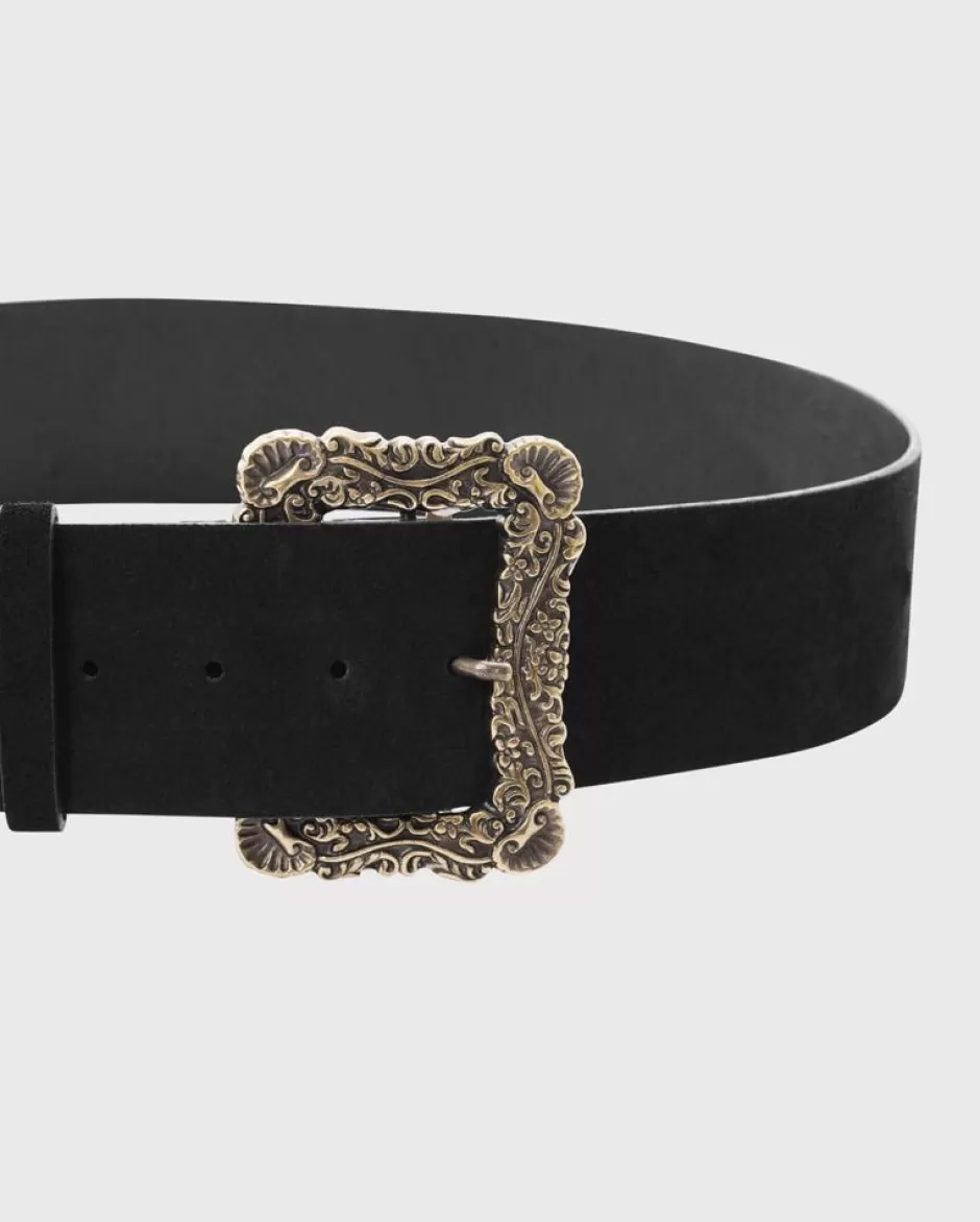 Anne Fontaine Belts*Black Suede Leather Belt With Antique Gold Finish