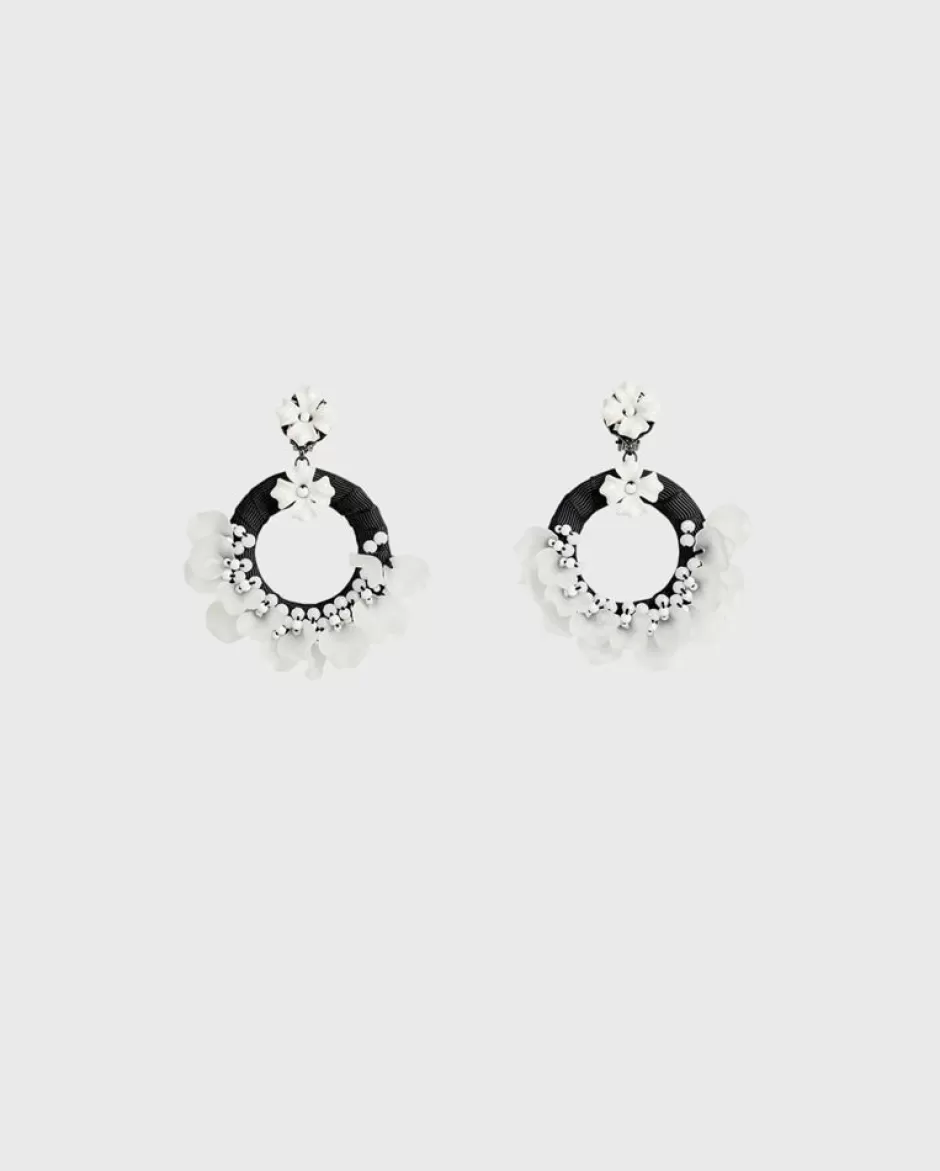 Anne Fontaine Jewelry*Black Textured Hoop Earrings With White Flowers