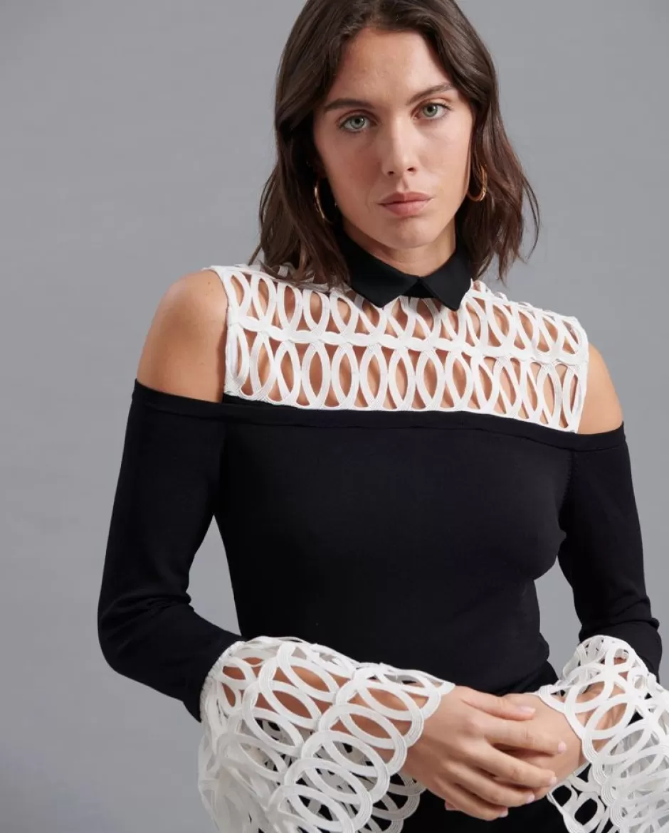 Anne Fontaine Knitwear*Black Top With White Removable Yoke And Cuffs Black/White