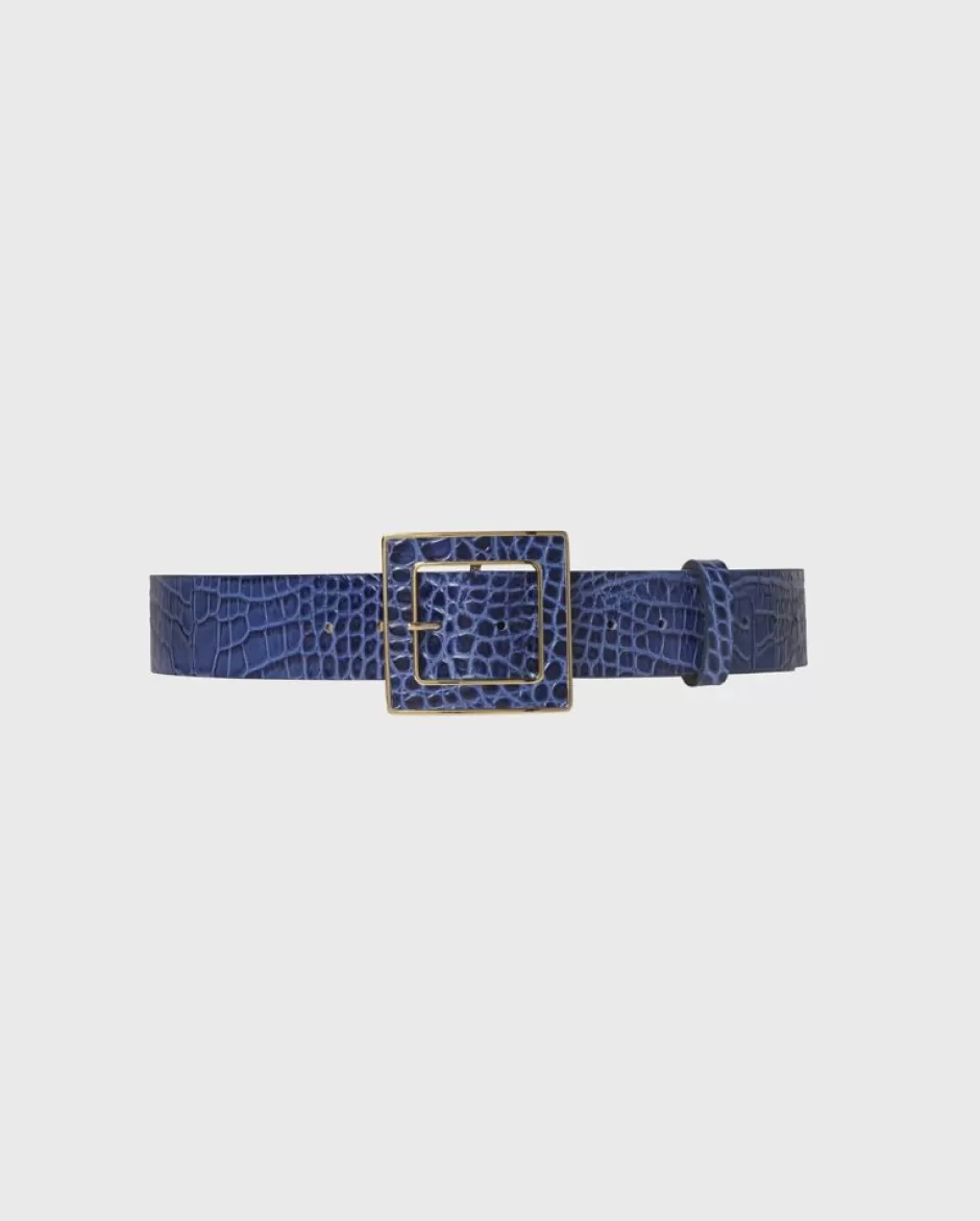 Anne Fontaine Belts*Blue Croc-Embossed Leather Belt With Square Metal Buckle