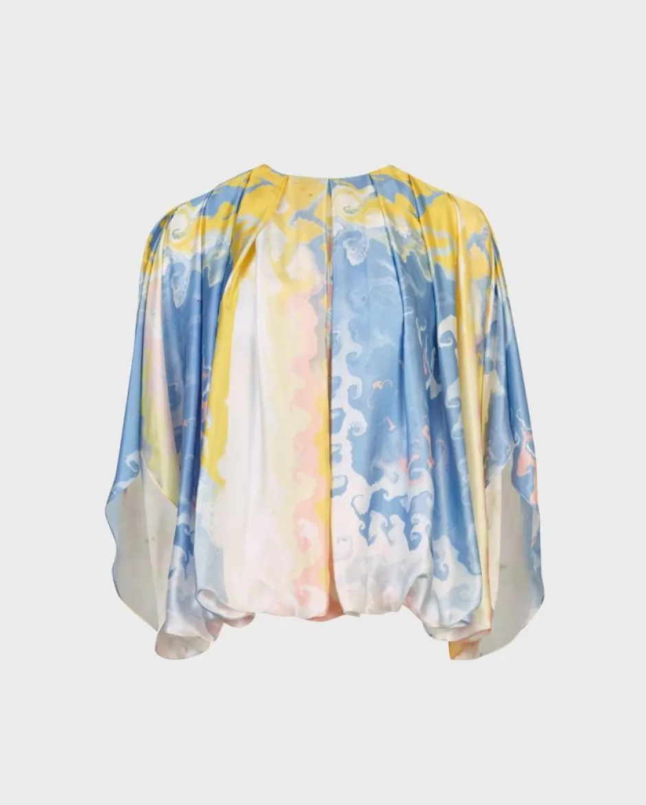 Anne Fontaine Shirts & Blouses*Blue Watercolor Print Pleated Silk Blouse Sky Blue