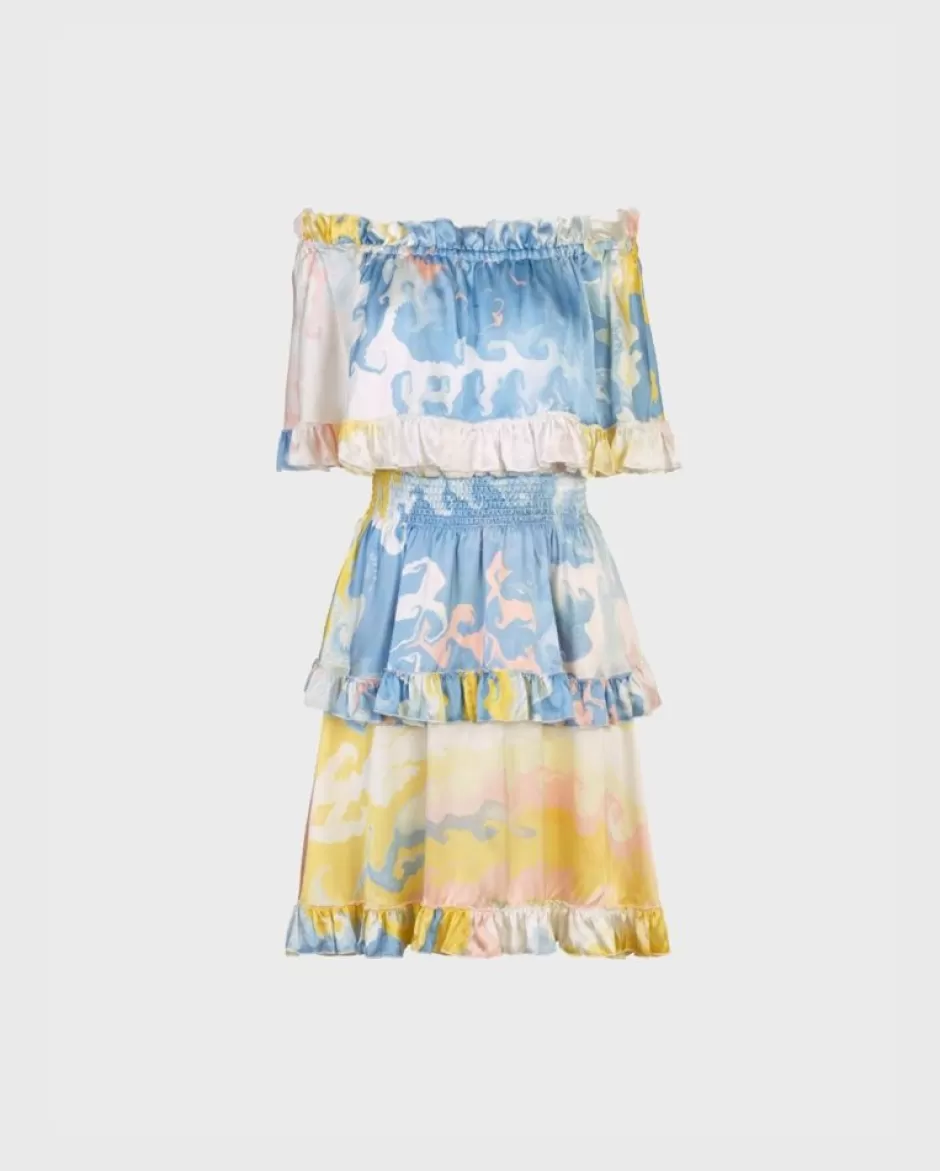 Anne Fontaine Dresses*Blue Watercolor Print Silk Dress With Ruffle Tier Details Sky Blue