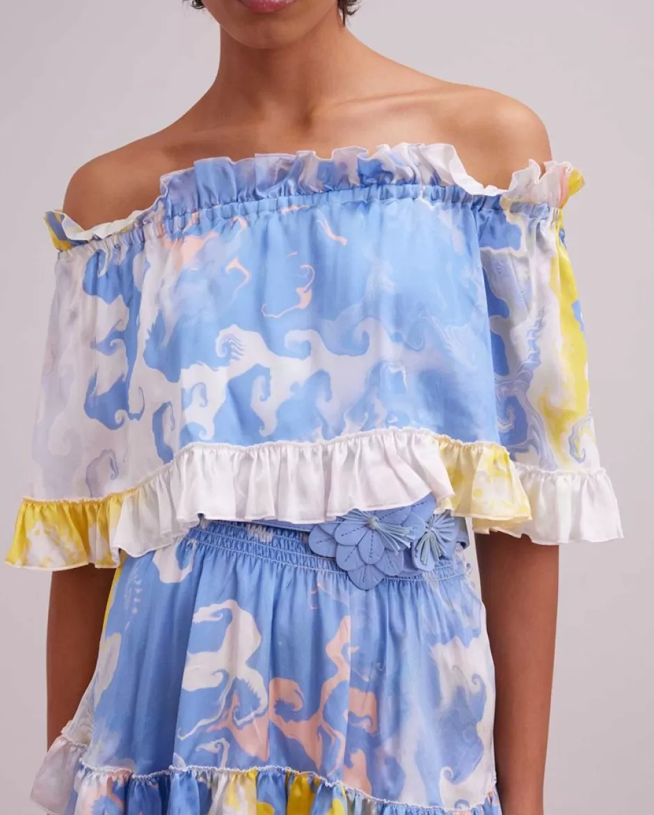 Anne Fontaine Dresses*Blue Watercolor Print Silk Dress With Ruffle Tier Details Sky Blue