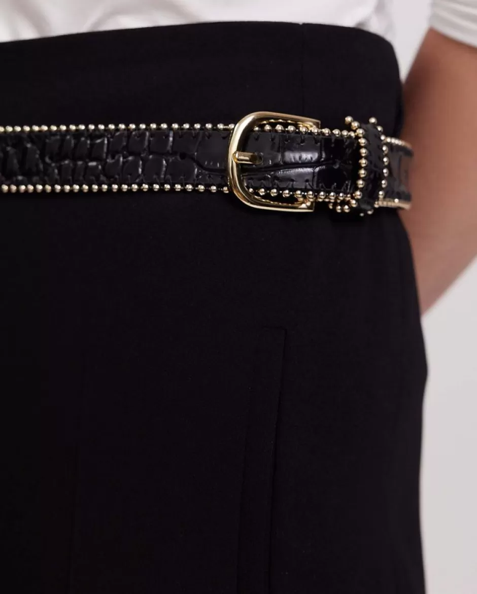 Anne Fontaine Belts*Bovine Leather Belt With Floral Accents And Gold Pearl Studds Black