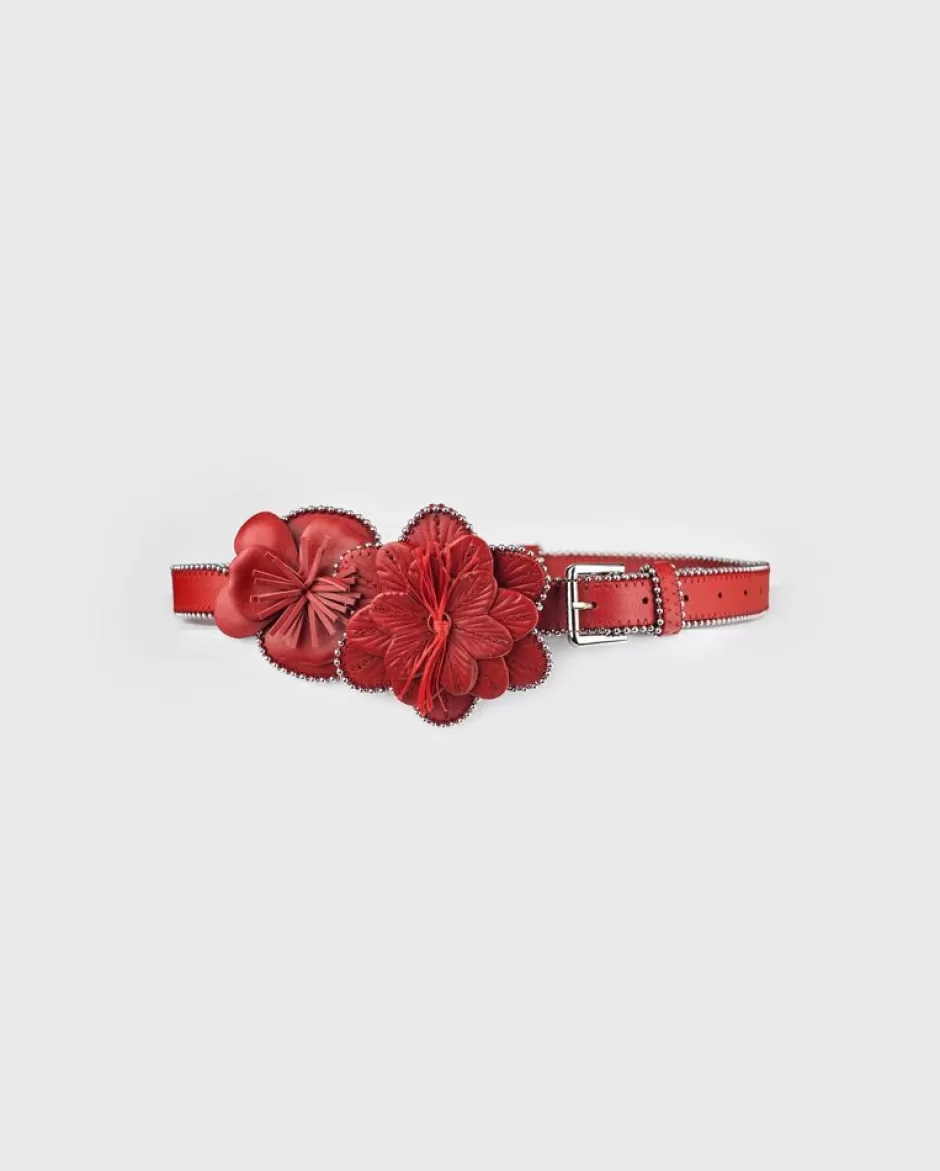 Anne Fontaine Belts*Bovine Leather Belt With Floral Accents And Golden Pearls Red