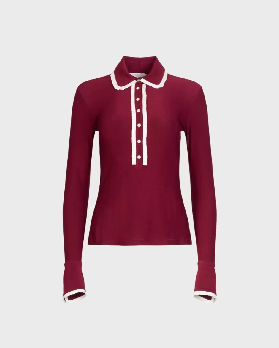 Anne Fontaine Shirts & Blouses*Burgundy Long Sleeve Shirt With White Ruffle Detail Trims And Pearl Buttons Purple