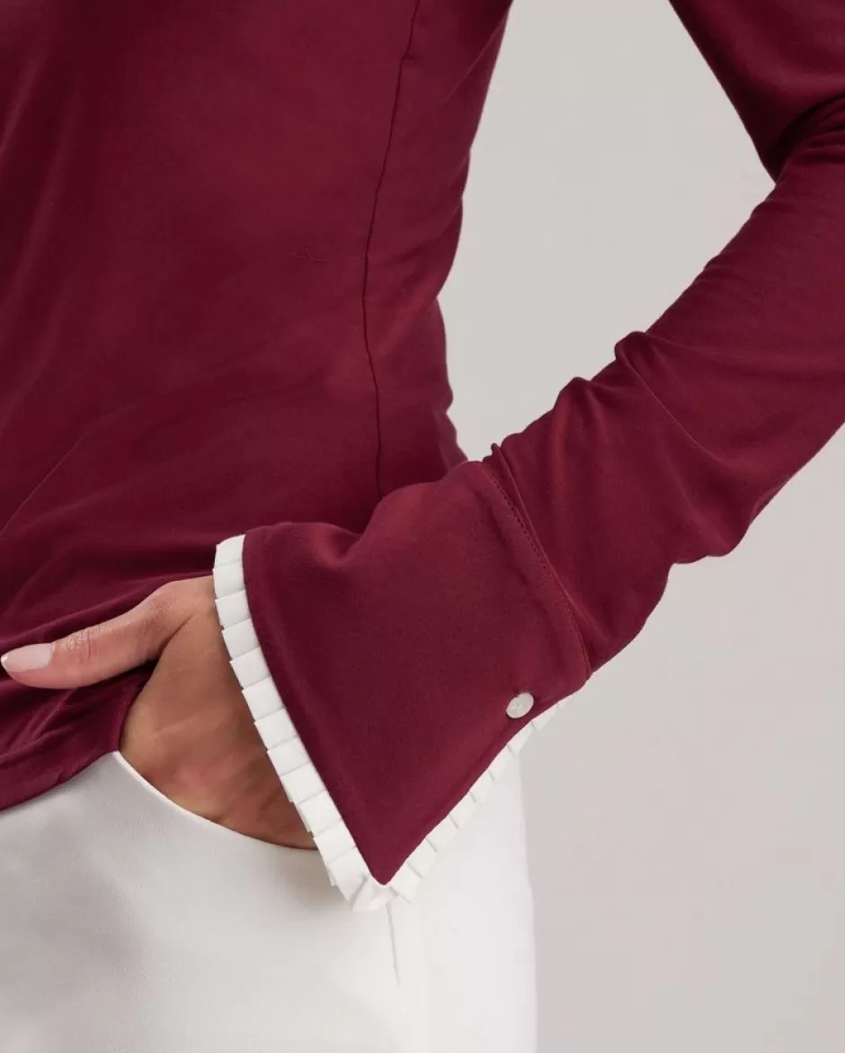 Anne Fontaine Shirts & Blouses*Burgundy Long Sleeve Shirt With White Ruffle Detail Trims And Pearl Buttons Purple