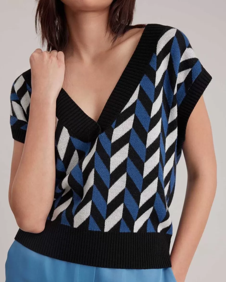 Anne Fontaine Knitwear*Cap Sleeve Knit Sweater Vest With Blue And White Striped Pattern Black