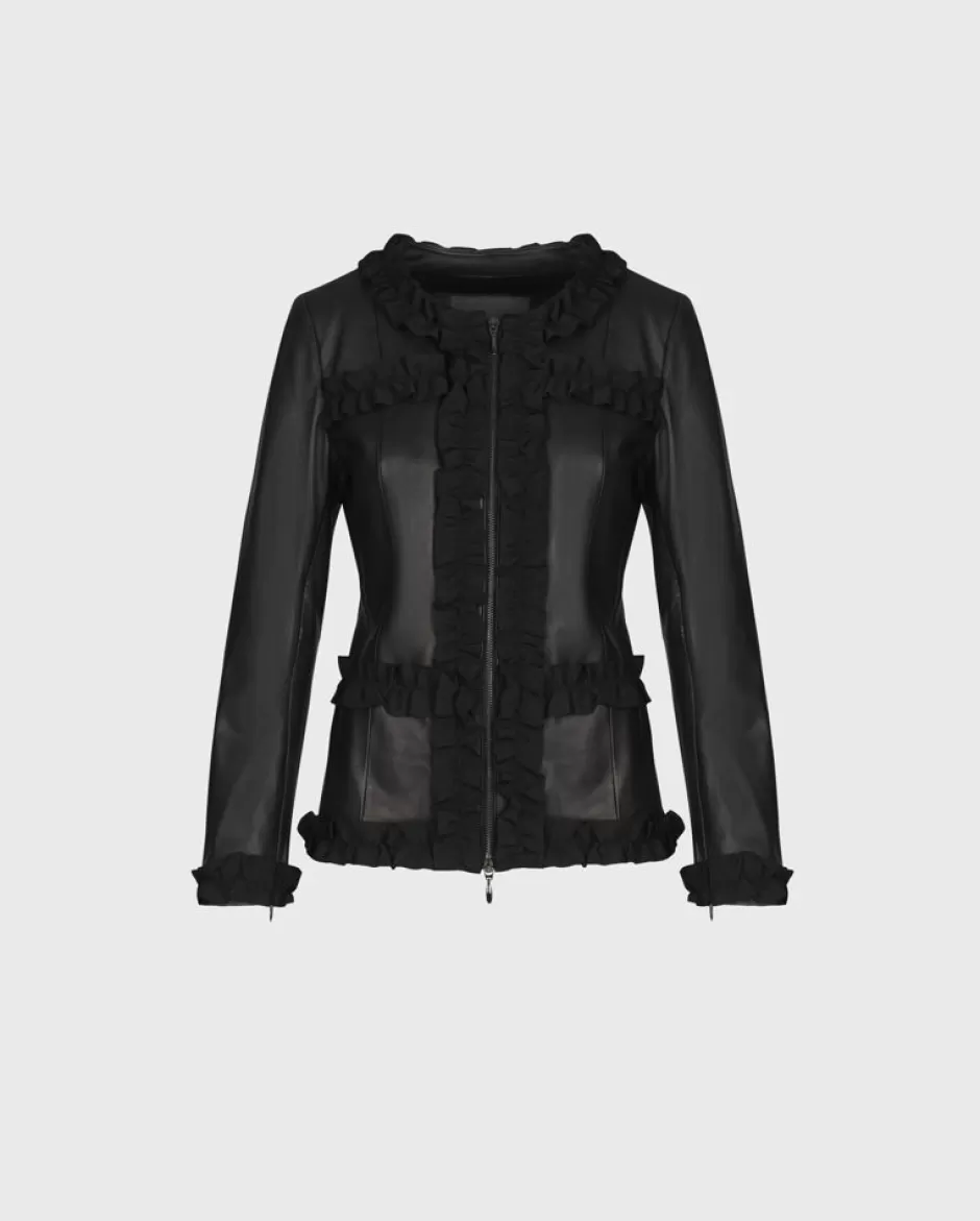 Anne Fontaine Jackets & Coats*Collarless Leather Jacket With Grosgrain Ruffle Trim Black