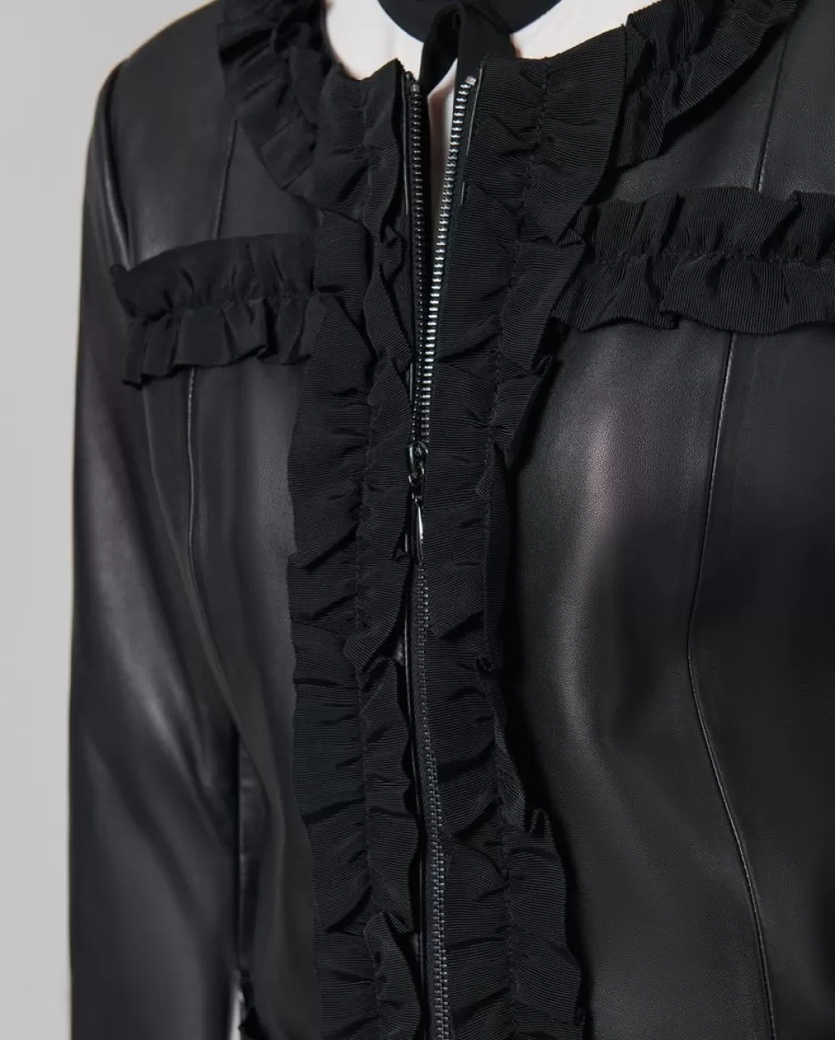 Anne Fontaine Jackets & Coats*Collarless Leather Jacket With Grosgrain Ruffle Trim Black