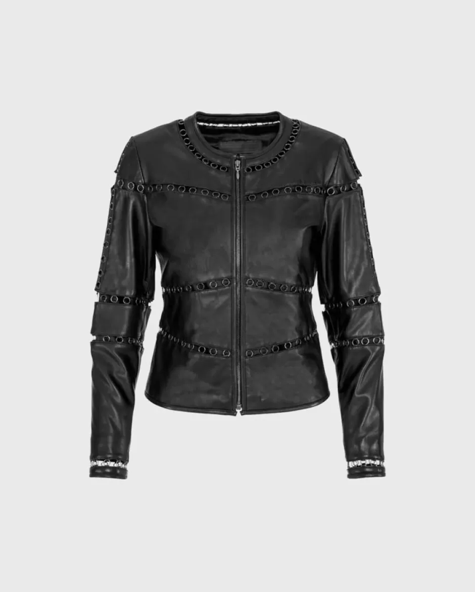 Anne Fontaine Jackets & Coats*Collarless Leather Jacket With Metal Trim Black