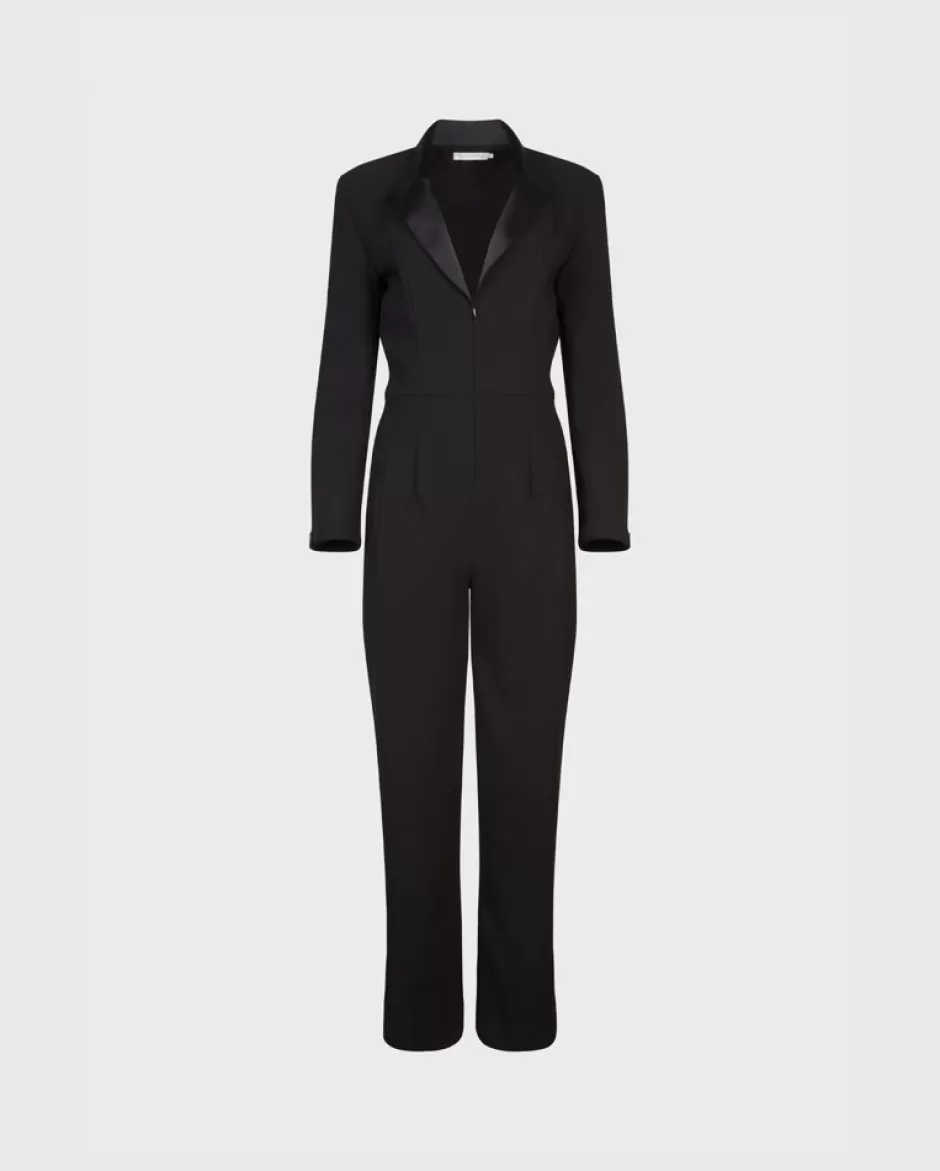 Anne Fontaine Bottoms*Deep V-Neck Tuxedo Style Jumpsuit With Satin Lapels Black