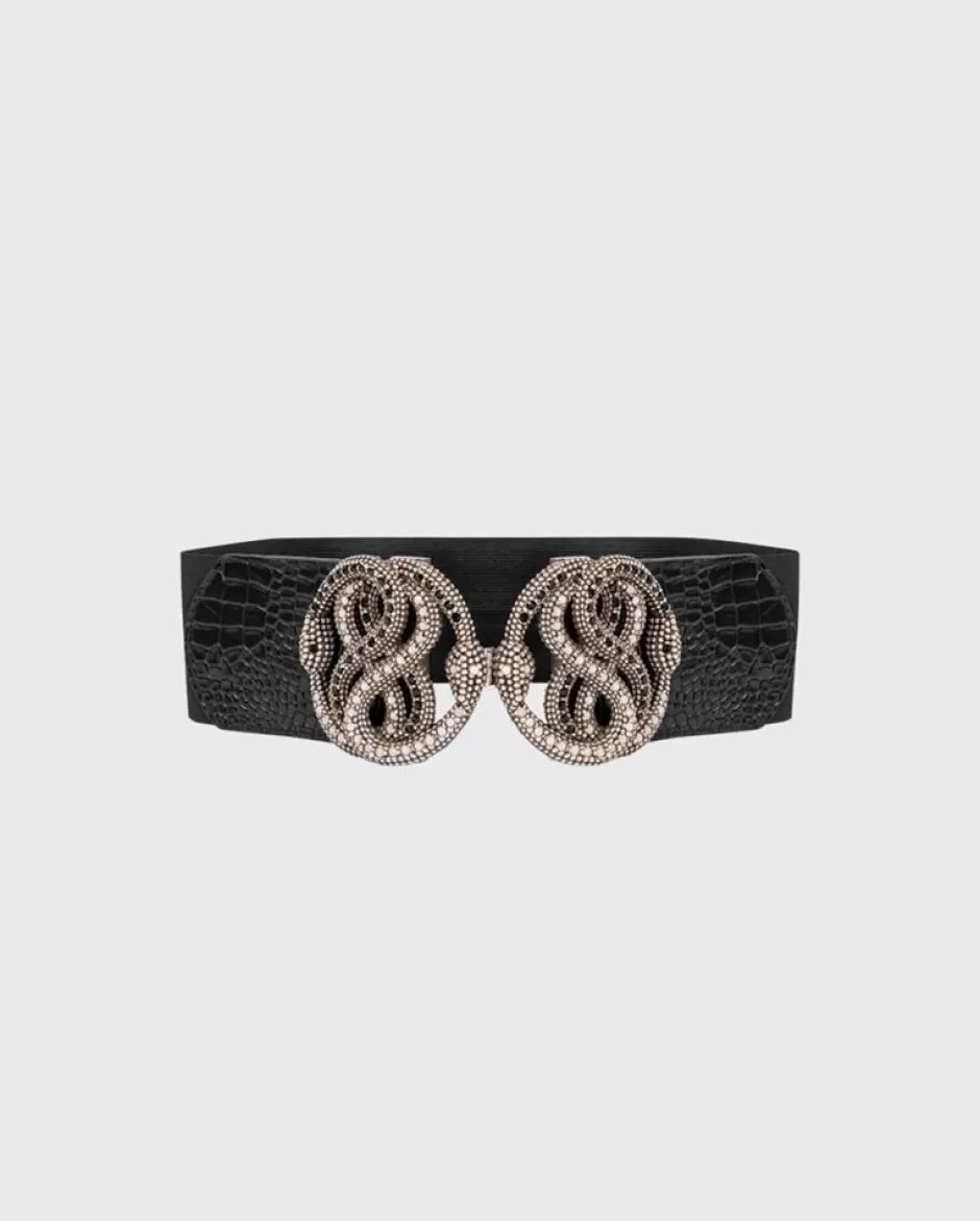 Anne Fontaine Belts*Elastic And Leather Belt With Croc-Embossed Details With Statement Serpent Buckle Black