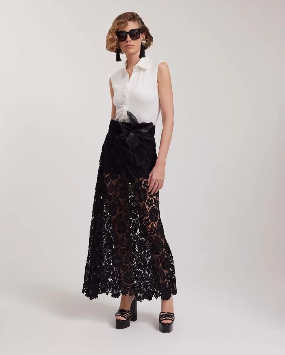 Anne Fontaine Bottoms*Embroidered Floral Maxi Skirt Black